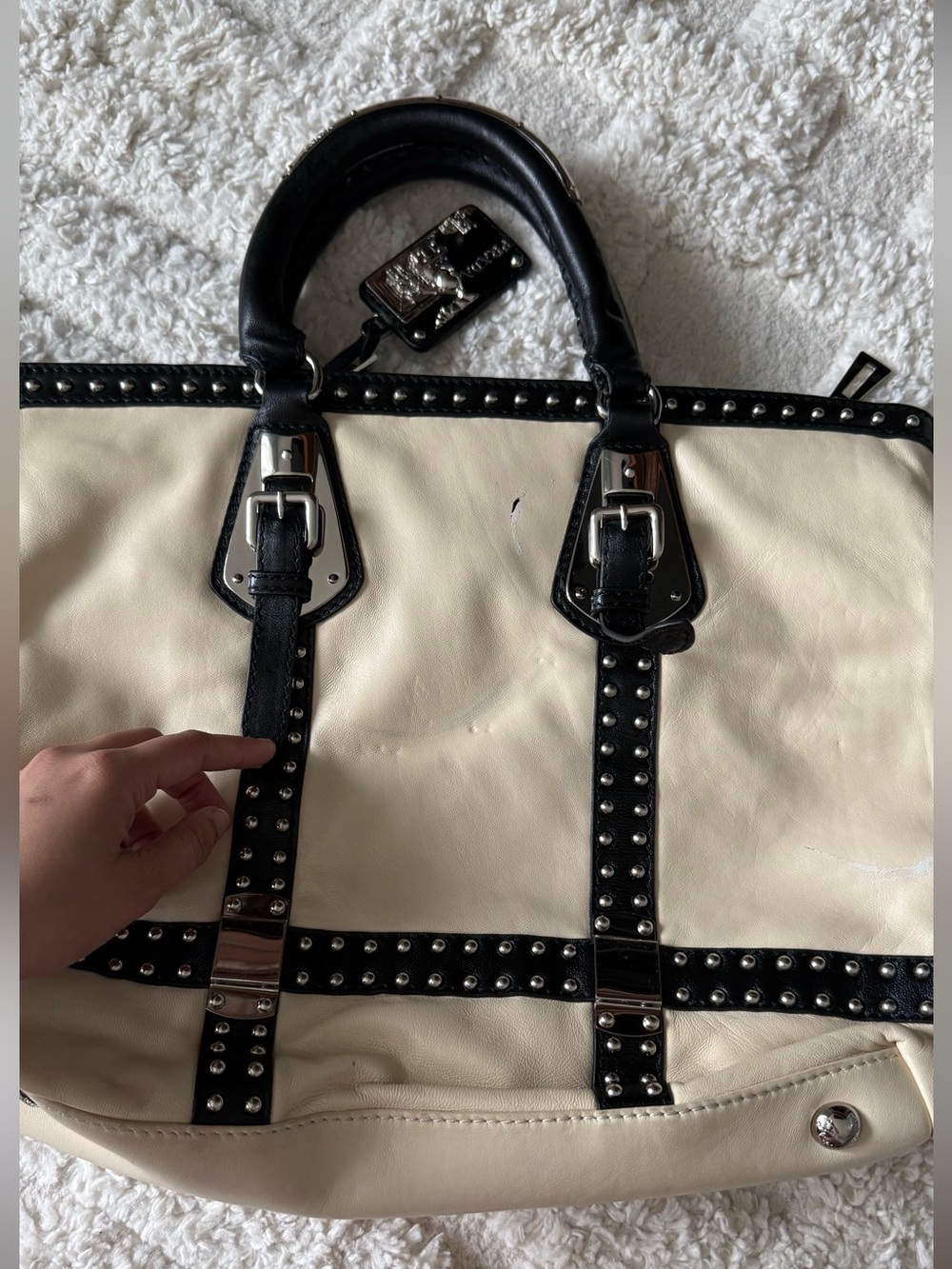 Source Unknown Cream and Black Studded Tote Bag